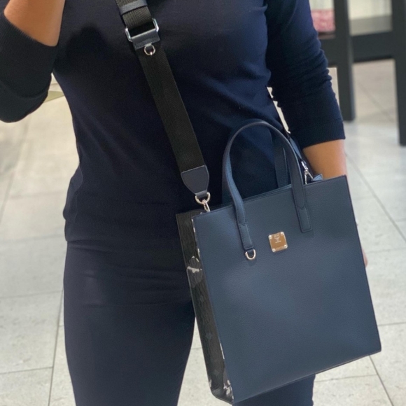 MCM Navy/Black Leather Messenger Tote Bag with Camo/Floral Print - Picture 10 of 12